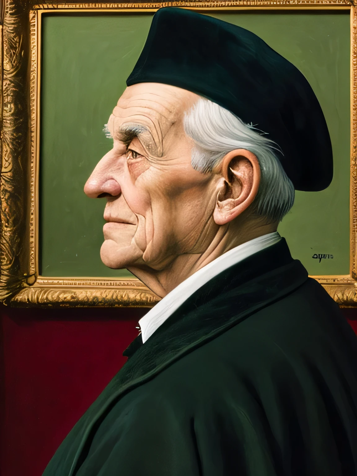 A painting of an elderly gentleman, Looking at this, Shoulder to top angle, Johannes Vermeer, Medieval aristocracy, Europe, high quality