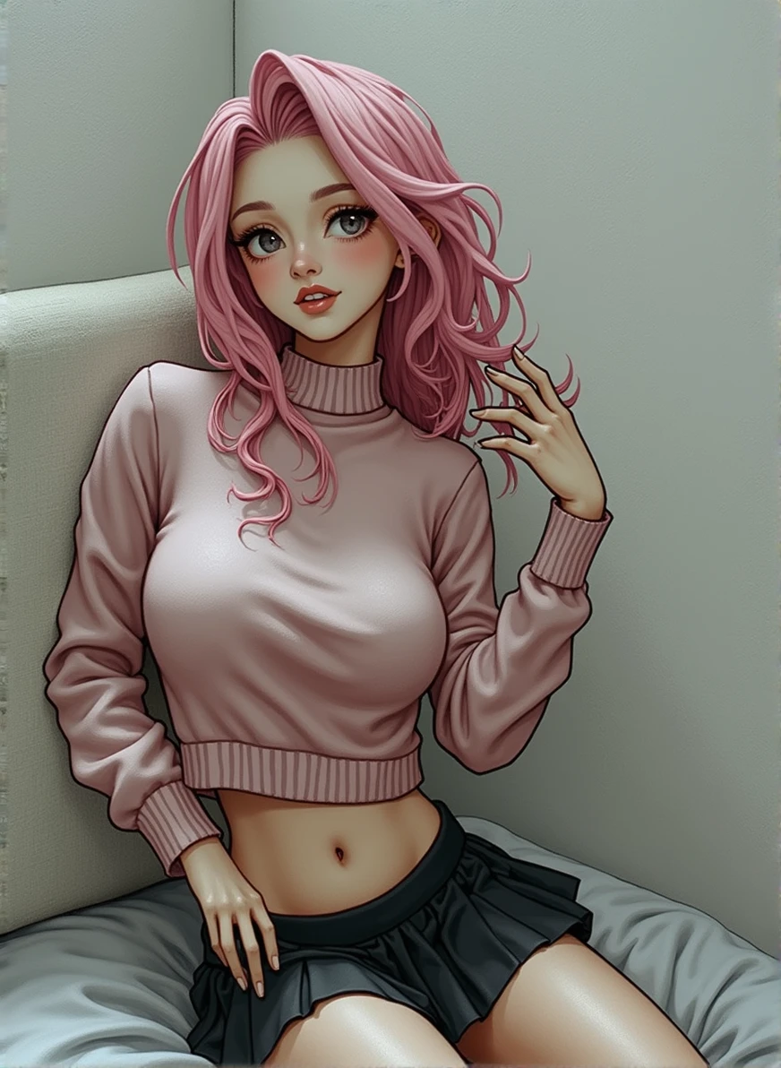 1 girl, pleatedskirt, Black Skirt, high collar sweater, Pink sweater, covering her breasts, arm at side, pink hair,, work of art, best qualityer, Highly detailed grabbing her female genitalia
