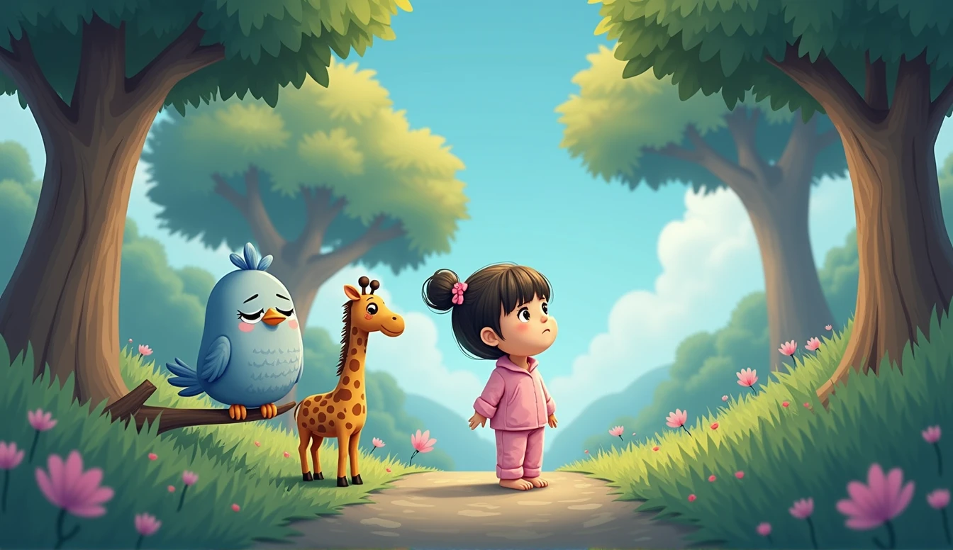 A blue cartoon sad bird sits on a branch, being watched by a plush giraffe toy and a small cartoon girl in pink pajamas.