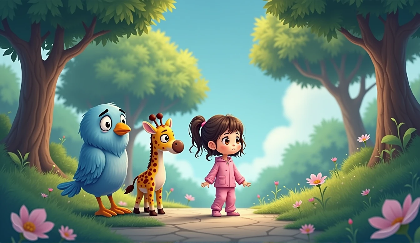 A blue cartoon sad bird sits on a branch, being watched by a plush giraffe toy and a small cartoon girl in pink pajamas.