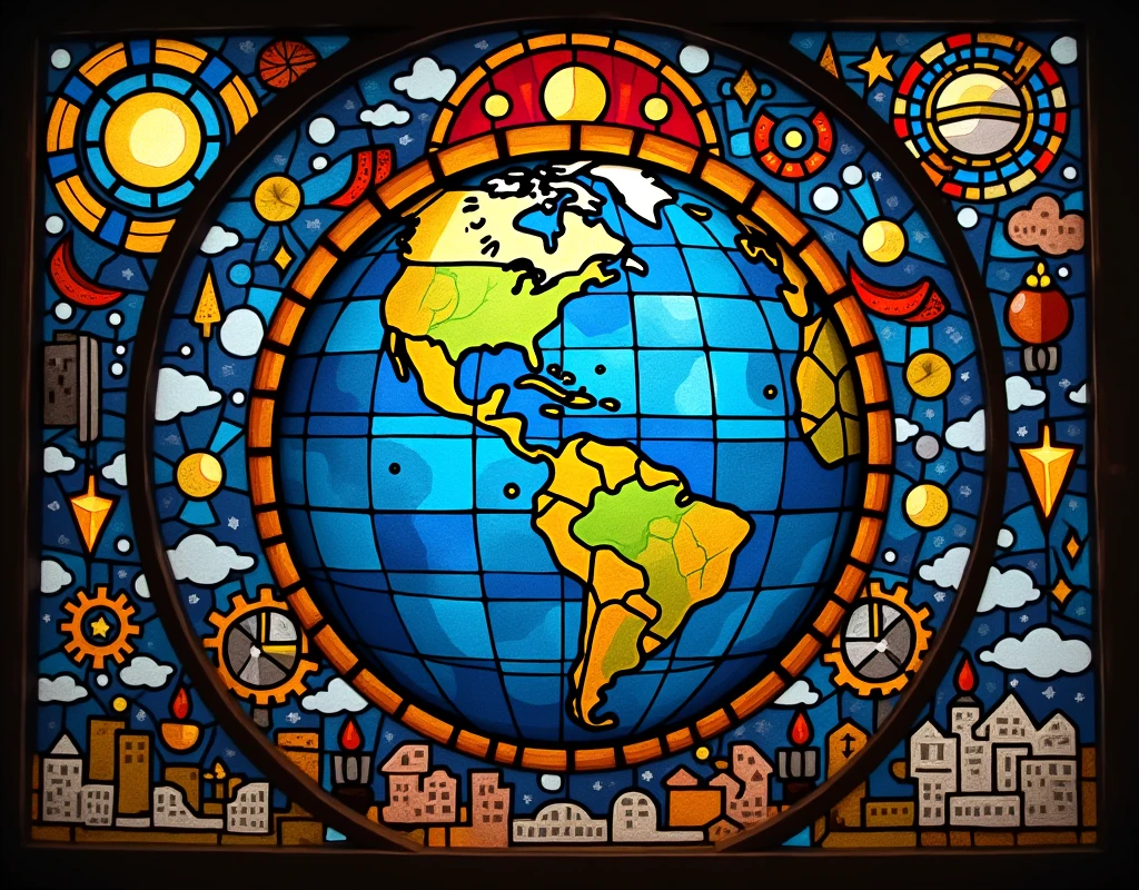 Create an art about globalization. Make it like the stained glass on church windows. Include objects relating to or depicting economy , finance , culture.  Diversity, travel, education. Peace, wonders of the world, interner. Just use 1 single big stained glass.  Add details like the wonders of the world , dollar peso euro yen sign , food, music, gears , internet , connectivity. Fit to screen 