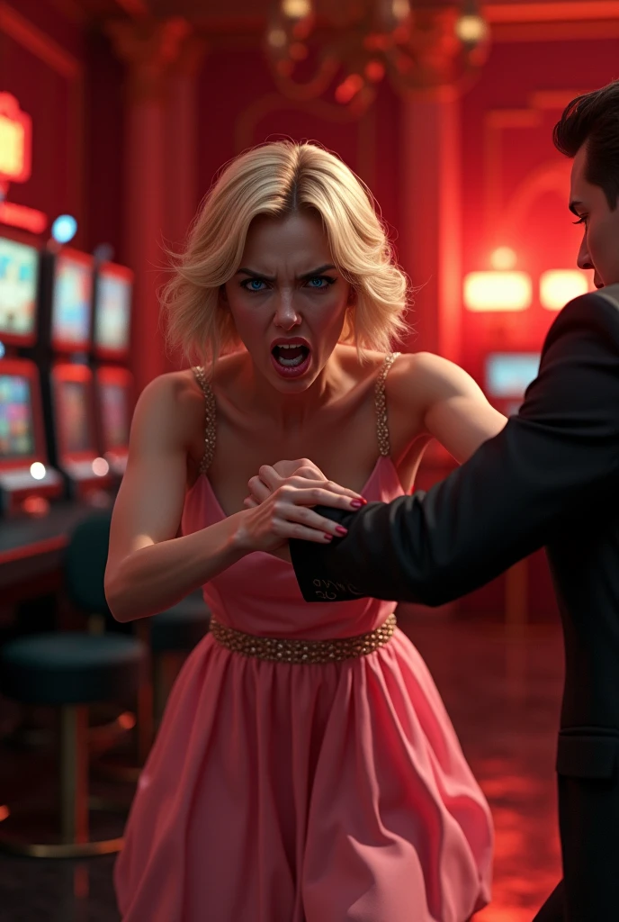 Angry blonde woman with blue eyes, with short hair and wearing a pink formal dress,being grabbed by the arm. The environment is similar to a casino with red lighting.