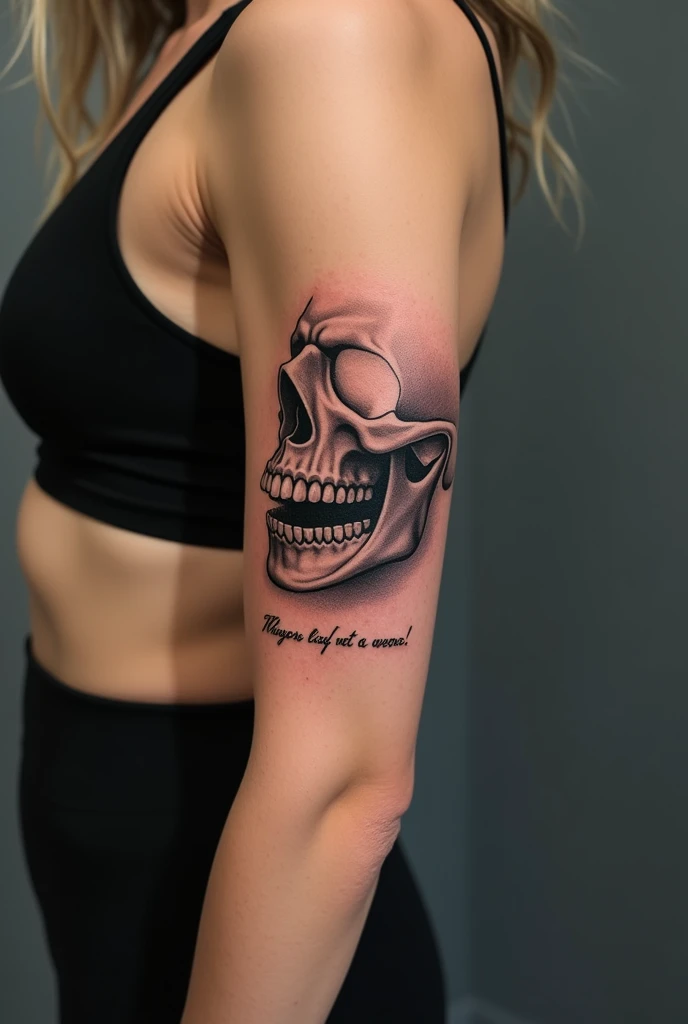 Tattoo on the inside of the bicep of a jaw, written below my job, woman's arm