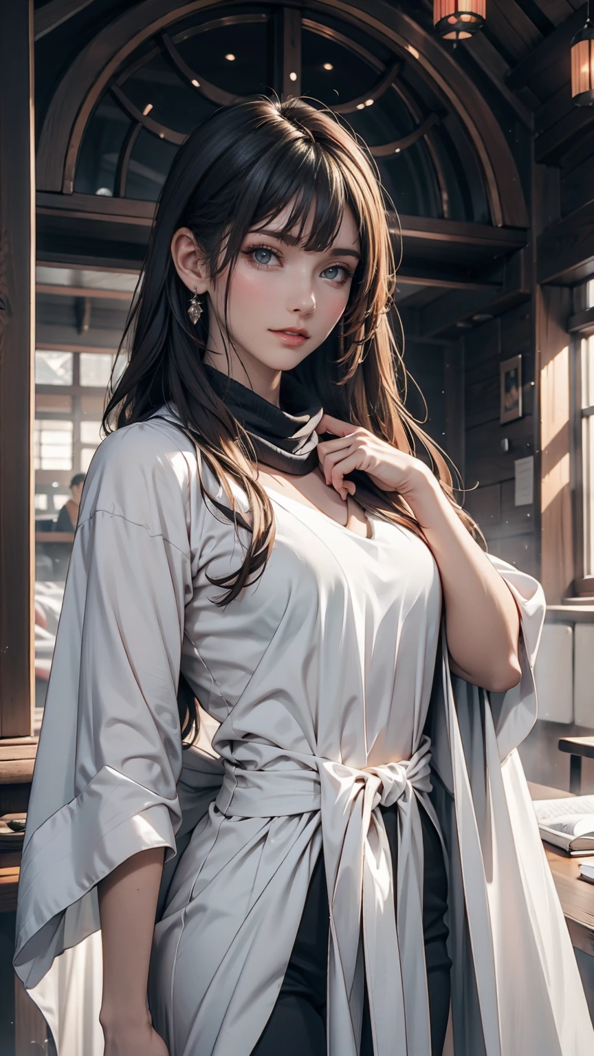 Close-up of a woman with grey hair and a black scarf, Portraits by Jan J, pixiv Contest Winner, Fantasy art, White-haired God, Beautiful character drawings, artwork in the style of Gwaiz, The sharp gaze of the Yuki-onna, Gwaiz, White long hair, of long white hair, Flowing hair and long robes