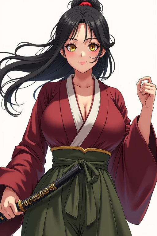 Anime Japanese woman wearing a kimono, Yellow-eyed, Black Hair, Maroon dress, olive green hakama. She has very large breasts, Her long hair is parted in the middle and tied back., And smiling. She has a sword on her left hip.