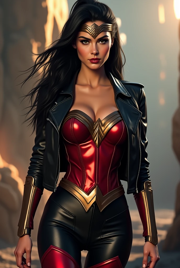 A beautiful woman Lynda Carter Wonder Woman long black hair pulled back in a ponytail black leather jacket red corset and black leather pants red knee-high boots diadema Wonder Woman on her forehead