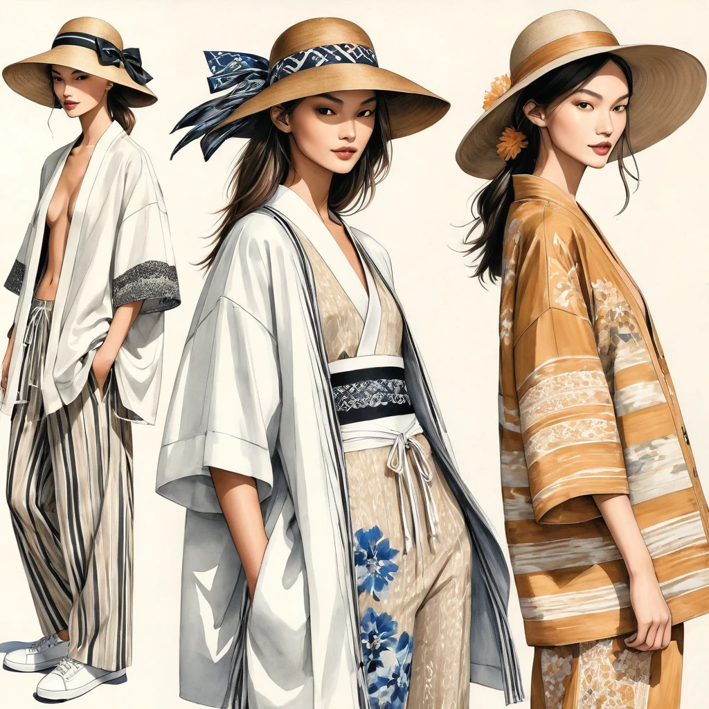 candid fashion illustration a group of young 2man and 1girl models, aged 18-23 year old, tall and slender, Mixed race super model, ((showcase in fashionable cotton outfits inspired by designer Yohji Yamamoto spring-summer collection)), in elegant and modern style of ((collage of tribble or ethnic woven fabric)), soft neutral nude color. The 1st man wears an oversized shirt with embroidery and lace details, paired with slim-fit Pants. The second man complements him in a shirt decorate with lace detail, oversized Yukata Jacket, ethnic woven details, paired with big striped Drawstring pants. a woman wears a collage fabrics long dress with lace decoration details. (all completes the look with white sneakers, an accessorizes with a wide-brimmed straw hat, sunglass. Captured in a ((full-body image)), relax and simple pose, ((water-color paint on white paper background)), realistic pencil lines, imperfect drawing, charcoal lines detail, fading sketch, fashion Sketching, low angle view, (full body image), by Yohji Yamamoto hybrid with Dris Van Noten fashion designer.