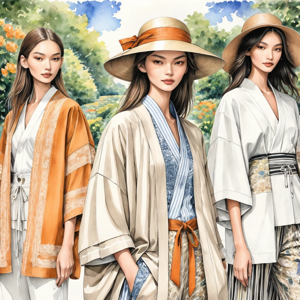 candid fashion illustration a group of young 2man and 1girl models, aged 18-23 year old, tall and slender, Mixed race super model, ((showcase in fashionable cotton outfits inspired by designer Yohji Yamamoto spring-summer collection)), in elegant and modern style of ((collage of tribble or ethnic woven fabric)), soft neutral nude color. The 1st man wears an oversized shirt with embroidery and lace details, paired with slim-fit Pants. The second man complements him in a shirt decorate with lace detail, oversized Yukata Jacket, ethnic woven details, paired with big striped Drawstring pants. a woman wears a collage fabrics long dress with lace decoration details. (all completes the look with white sneakers, an accessorizes with a wide-brimmed straw hat, sunglass. Captured in a ((full-body image)), relax and simple pose, ((water-color paint on white paper background)), realistic pencil lines, imperfect drawing, charcoal lines detail, fading sketch, fashion Sketching, low angle view, (full body image), by Yohji Yamamoto hybrid with Dris Van Noten fashion designer.