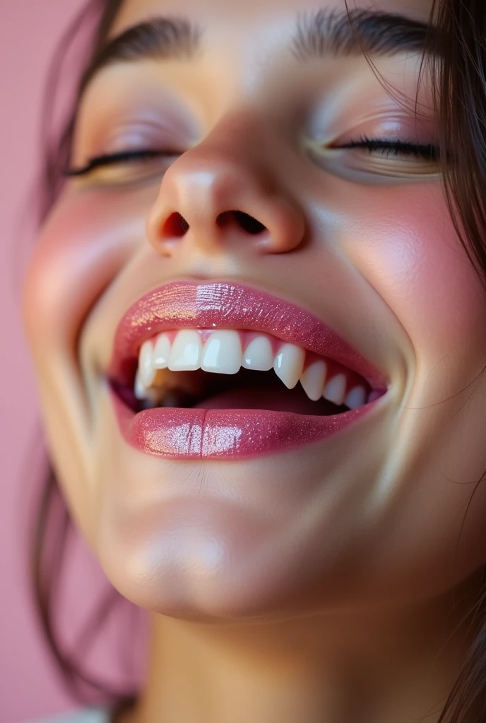 Extreme closeup of a female ’s mouth, wearing light pink glitter lipstick, eyes closed, mouth very wide open and smiling, photorealistic, extreme skin detail, 8k, wallpaper