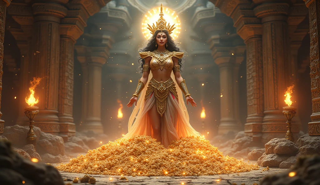 Yakshini Manibhadra - The Protector of Treasures, A powerful Yakshini named Manibhadra, standing tall with a radiant aura, surrounded by piles of glittering treasures and precious gems. She is adorned in elaborate jewelry made of diamonds and rubies, with a crown that emits a soft, golden glow. Her eyes are fierce, reflecting her duty to guard the treasures. The background features a grand, ancient vault with intricately carved stone walls, illuminated by torches casting flickering shadows, adding a sense of mystery and reverence.