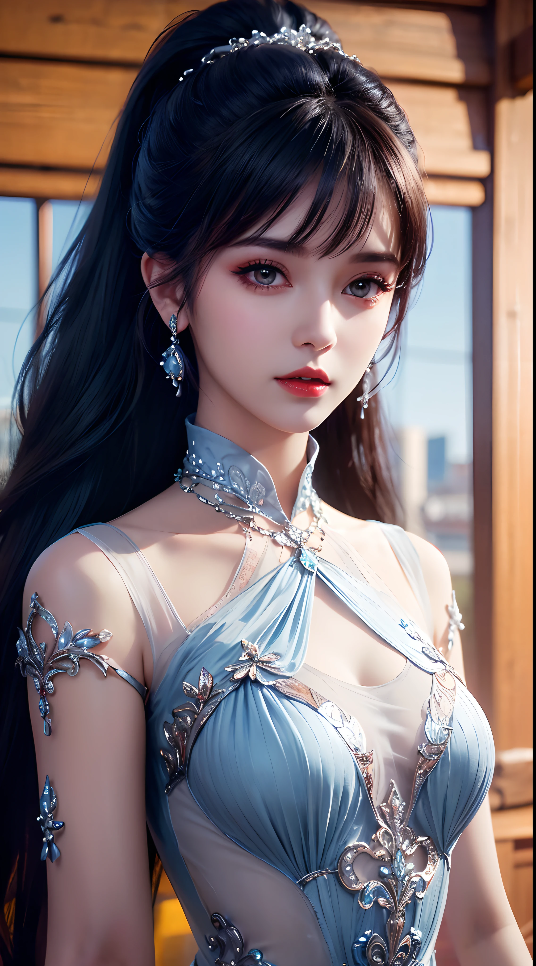 8K Ultra HD, masterpiece, best quality, Beautiful girl, long hair, impressive hairstyle, Royal Hair Jewelry, Pretty cute face, flawless face, Jewelry earrings, Antique jewelry, The Eyes The Details, beautiful eyes, Meticulous makeup, thin eyebrows, Beautiful red lips, medium chest, Dark blue mesh socks, Thin, dark blue silk shirt with many white motifs, white lace shirt, Long bangs and a long platinum blonde blue ponytail, realistic colors, magic effects, Ancient Hanbok background, Look the audience straight in the eye, full body capture,