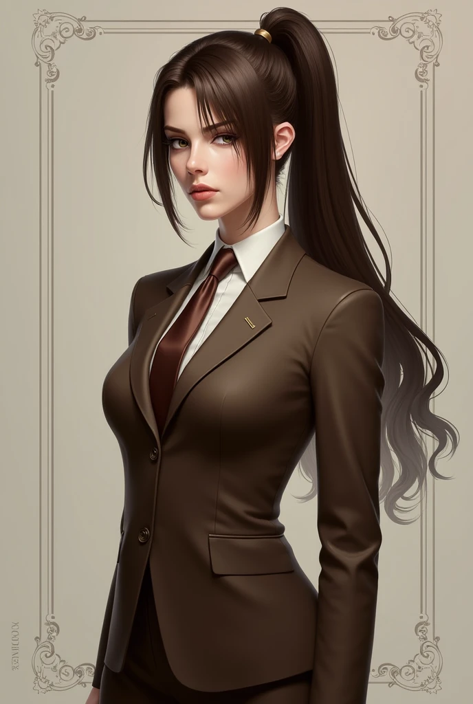 Andrei Oleg as Sonata Dusk female ponytail with brown suit and brown necktie