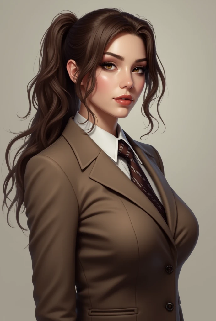 Andrei Oleg as Sonata Dusk female ponytail with brown suit and brown necktie