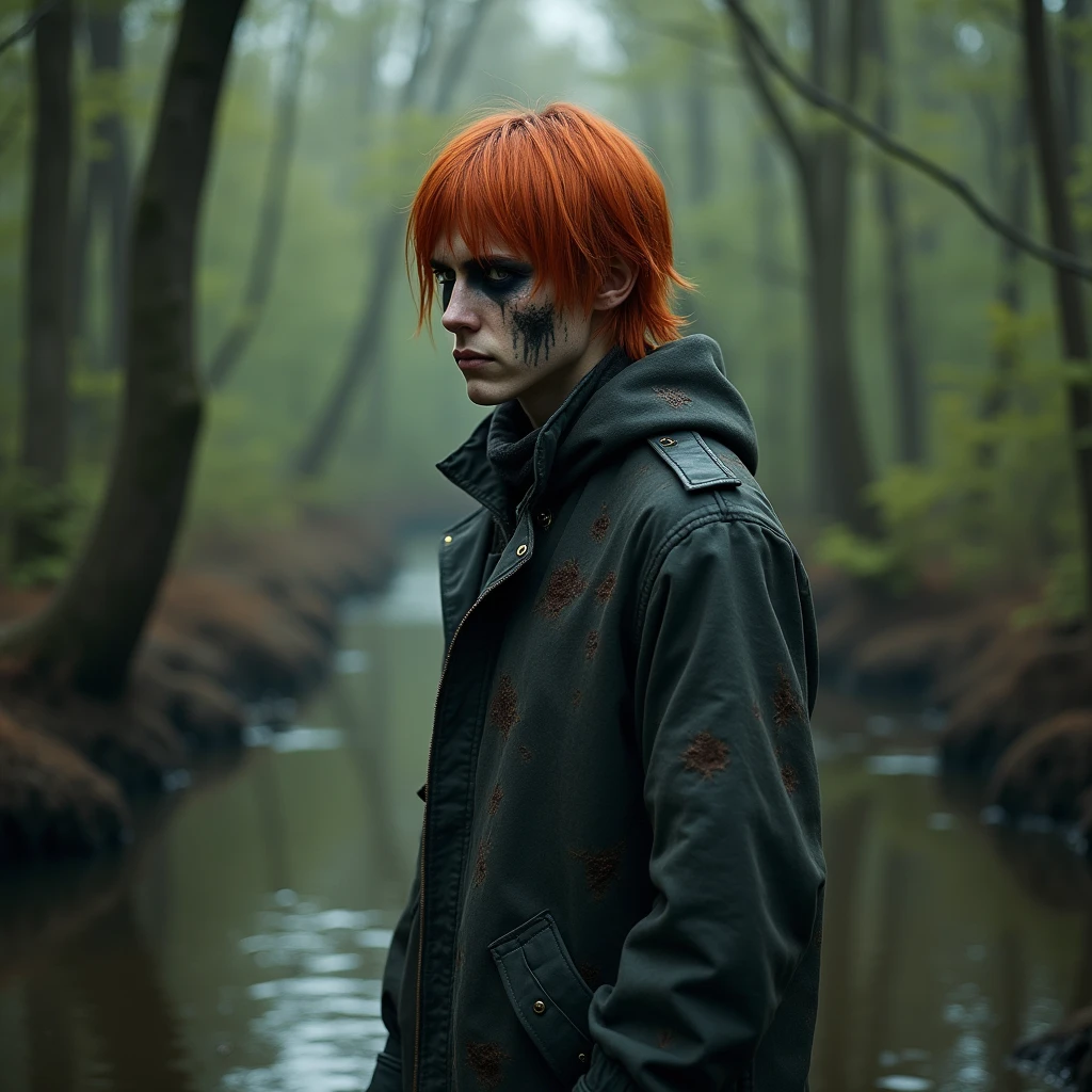 Red-haired man with short straight hair in a swamp wearing a scary outfit