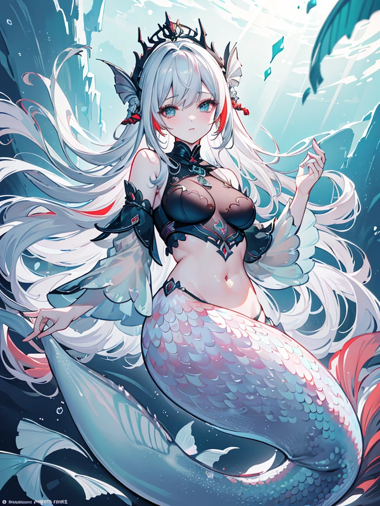 1girll，NSFW，full body, white dress, sexy, highly detailed midriff, Bare belly, dark coral crown, Long wavy messy hair, (((pure white hair)), (((mint hair highlights))), (((mermaid))), see-through sleeves，fish ears, hair ornaments, Exquisite，Elegant colors，high detal，tmasterpiece，ultra - detailed，dynamic angle，underwater background，astounding，cinmatic lighting，illustratio，light and shade contrast, God Ray，Best quality at best，Best quality at best, hoarfrost metal lace, fantasy, Sunlight, rays of sunshine, intricately details. 8K, Dreamlike, surrealism, Symmetrical, Soft lighting, Intricate details, Highly detailed, illusory engine, aspect::4:3, Game CG,inspired by Li Mei-shu, mistic,