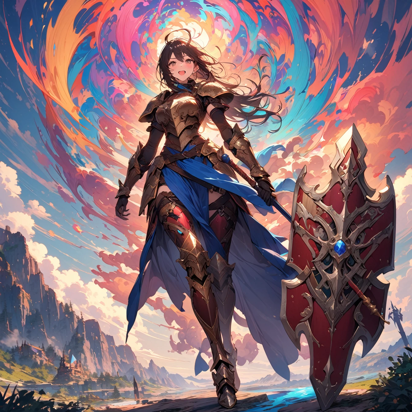 (masterpiece:1.4), (Highest quality:1.4), Very detailed, Complex, Very detailed, shape,Soft lighting, Scenic, Exquisitely designed armor, A woman with a lot of pride,character from RPG games, (character: human, Fairy), (exterior: Swordsman style, Shaman style, Skimpy Armor, Blue cloth), (belongings: Long sword, dagger, Holy Staff, Magic wand, shield, metal armor, Leather Armor), Perfectly accurate anatomical shape、All limbs are intact、Perfect Full Finger, Colorful characters, Landscape colored in earth tones, Huge, Majestic, female knight, Expression that brings excitement,