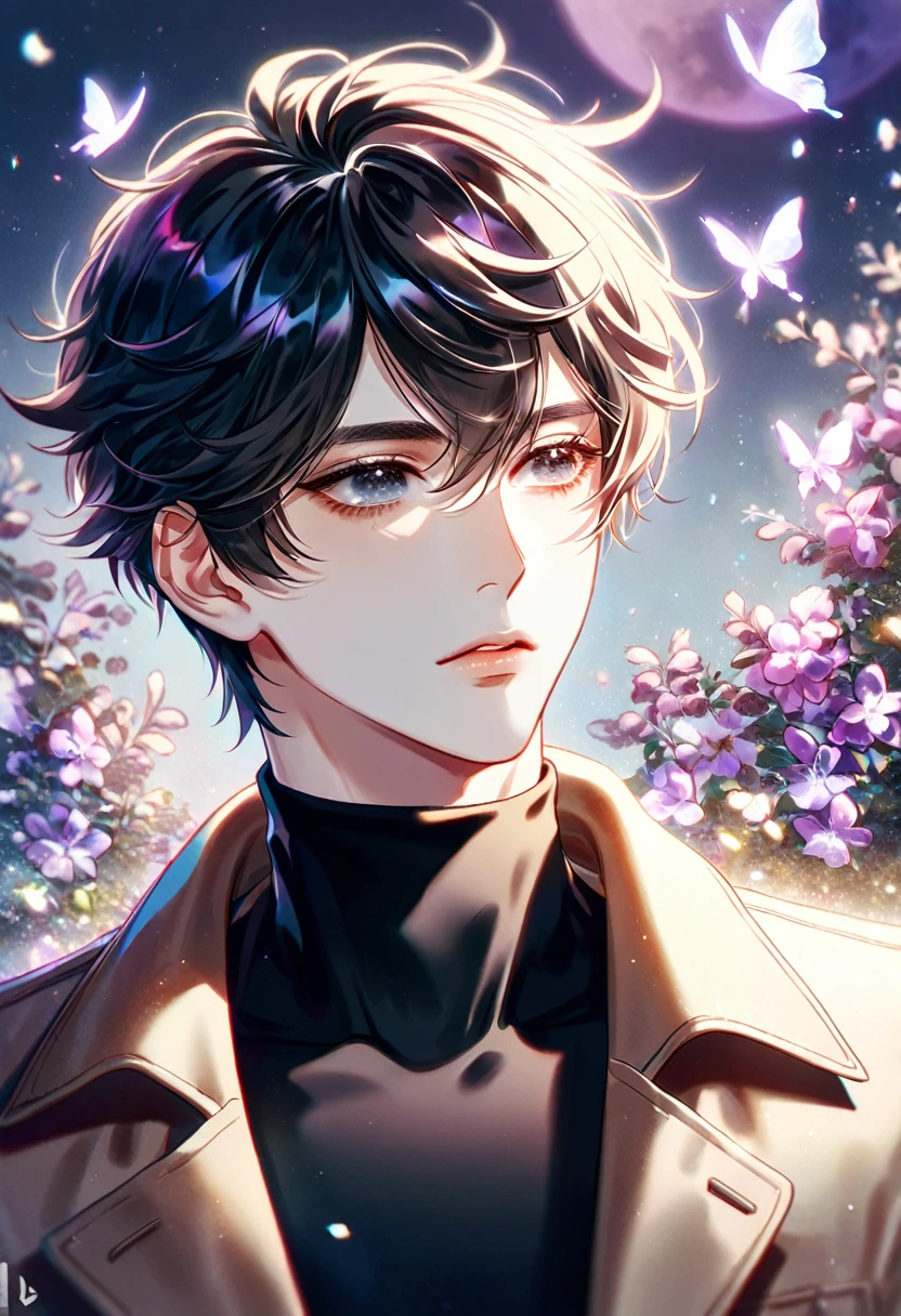 (absurdres, highres, ultra detailed, HDR) master piece, best quality, extremely detailed, delicated features, Han Yoohyun, black hair, messy hair, short hair, expressive gray eyes, The S-Classes That I Raised, solo, sexy man, handsome, sensual, brown coat, black tight turtleneck shirt, fantasy, magical, glittering, shining, purple fire, purple moon, purple flowers, purple butterflies, garden