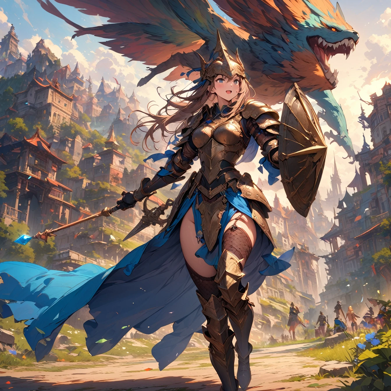 (masterpiece:1.4), (Highest quality:1.4), Very detailed, Complex, Very detailed, shape,Soft lighting, Scenic, Exquisitely designed armor, A woman with a lot of pride,character from RPG games, (character: human, Fairy), (exterior: Swordsman style, Shaman style, Skimpy Armor, Blue cloth), (belongings: Long sword, dagger, Holy Staff, Magic wand, shield, metal armor, Leather Armor), Perfectly accurate anatomical shape、All limbs are intact、Perfect Full Finger, Colorful characters, Landscape colored in earth tones, Huge, Majestic, female knight, Expression that brings excitement,