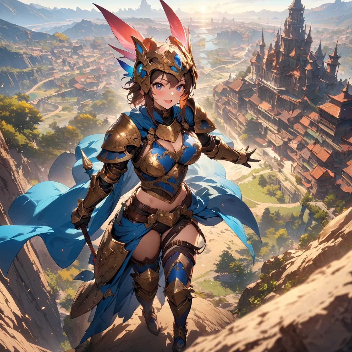 (masterpiece:1.4), (Highest quality:1.4), Very detailed, Complex, Very detailed, shape,Soft lighting, Scenic, Exquisitely designed armor, A woman with a lot of pride,character from RPG games, (character: human, Fairy), (exterior: Swordsman style, Shaman style, Skimpy Armor, Blue cloth), (belongings: Long sword, dagger, Holy Staff, Magic wand, shield, metal armor, Leather Armor), Perfectly accurate anatomical shape、All limbs are intact、Perfect Full Finger, Colorful characters, Landscape colored in earth tones, Huge, Majestic, female knight, Expression that brings excitement, 