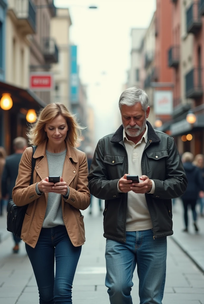 The scene shows two people, A Man and a Woman, walking down an urban street and checking their cell phones. Both are wearing casual clothes and appear to be middle-aged adults.
In the background of the image, several buildings of different architectural styles can be observed. Some may be from offices, while others could be residential or commercial. These buildings create an urban and contextual environment for the scene.
Individuals are walking on the sidewalk, absorbed in the activity of their phones. Their facial expressions are neutral, suggesting that this is a routine and everyday interaction with their mobile devices.
The posture of the people indicates that they are comfortable and relaxed while walking. One of them could be carrying a bag or backpack, giving the impression that they are heading somewhere.
The lighting in the scene appears to be natural, Probably during the day, which creates soft shadows and a sense of ambient luminosity.
The level of detail in the image may vary, but it is expected that the interaction of people with their phones can be clearly appreciated, as well as the presence of the buildings and the urban environment in the background.