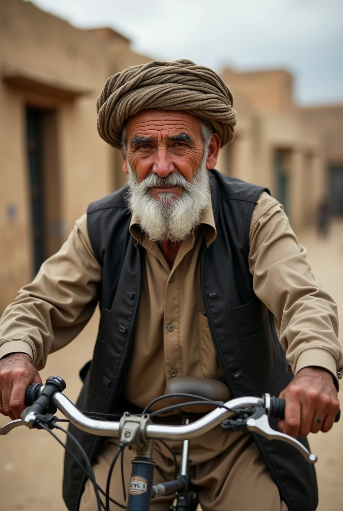 Afghan bicycle trainer with a beard and gray hair 