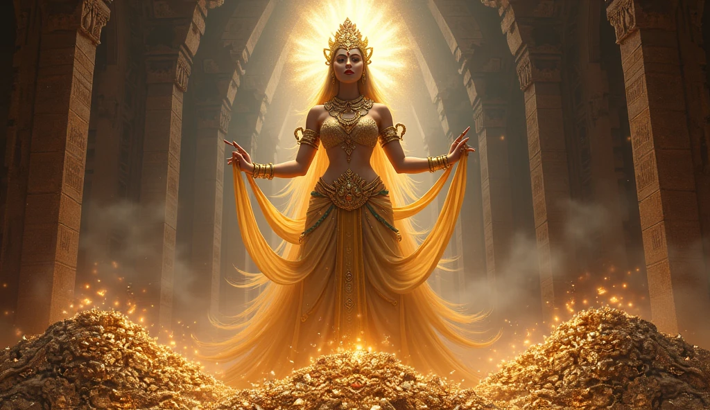 Yakshini Manibhadra - The Protector of Treasures, A powerful Yakshini named Manibhadra, standing tall with a radiant aura, surrounded by piles of glittering treasures and precious gems. She is adorned in elaborate jewelry made of diamonds and rubies, with a crown that emits a soft, golden glow. Her eyes are fierce, reflecting her duty to guard the treasures. The background features a grand, ancient vault with intricately carved stone walls, illuminated by torches casting flickering shadows, adding a sense of mystery and reverence.