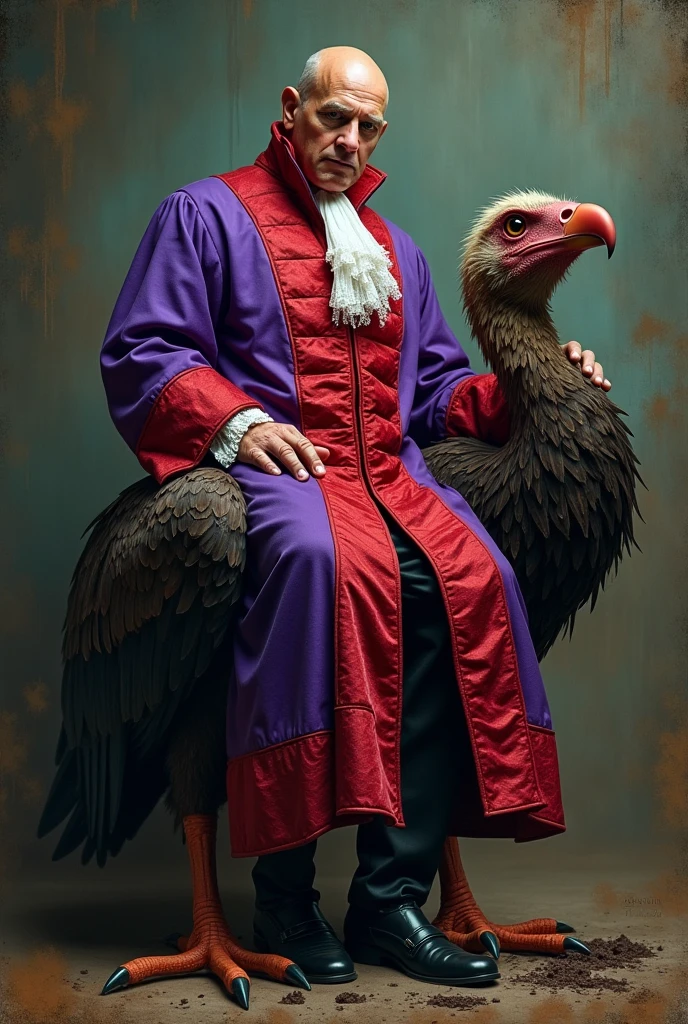 Bald Minister Alexandre de Moraes dressed in purple and scarlet judicial robes like a prostitute of the apocalypse, seated on the vulture of the Brazilian Supreme Federal Court.