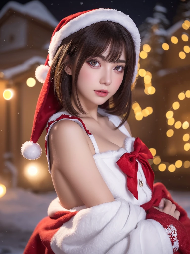 A beautiful girl in a Santa Claus costume, droppy eyes, extremely detailed face and long eyelashes, in a snowy night town, (best quality,4k,8k,highres,masterpiece:1.2),ultra-detailed,(realistic,photorealistic,photo-realistic:1.37),fantasy,short hair,vivid colors,studio lighting