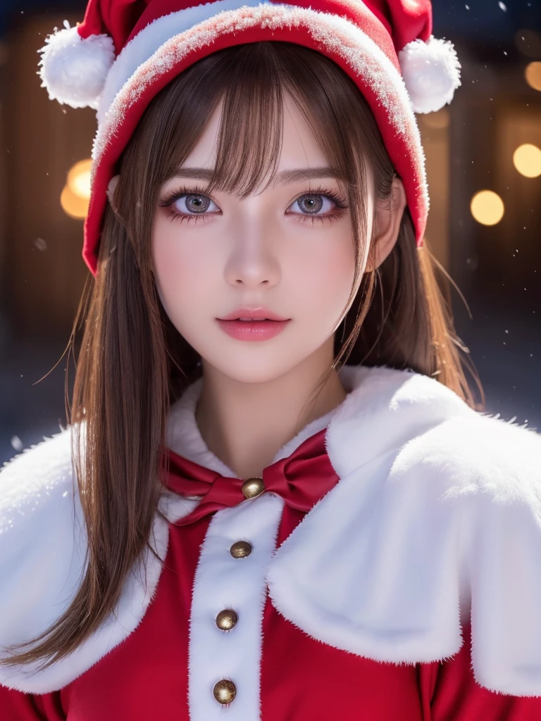 A beautiful girl in a Santa Claus costume, droppy eyes, extremely detailed face and long eyelashes, in a snowy night town, (best quality,4k,8k,highres,masterpiece:1.2),ultra-detailed,(realistic,photorealistic,photo-realistic:1.37),fantasy,short hair,vivid colors,studio lighting
