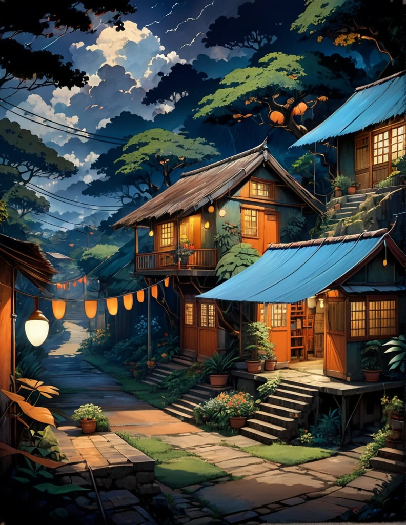 aerial view, ghibli art scene, vibrant orange indian tropical old hut, village, single bulb hanging outside, late night scene, stairs, dark cloudy sky, small garden in the front, wires and poles, notice board on front wall, light shadow, aesthetically beautiful, cracked old road, remote location, big tree branch, nature, shed, cozy atmosphere, micro landscape, intrinsic details, masterpiece