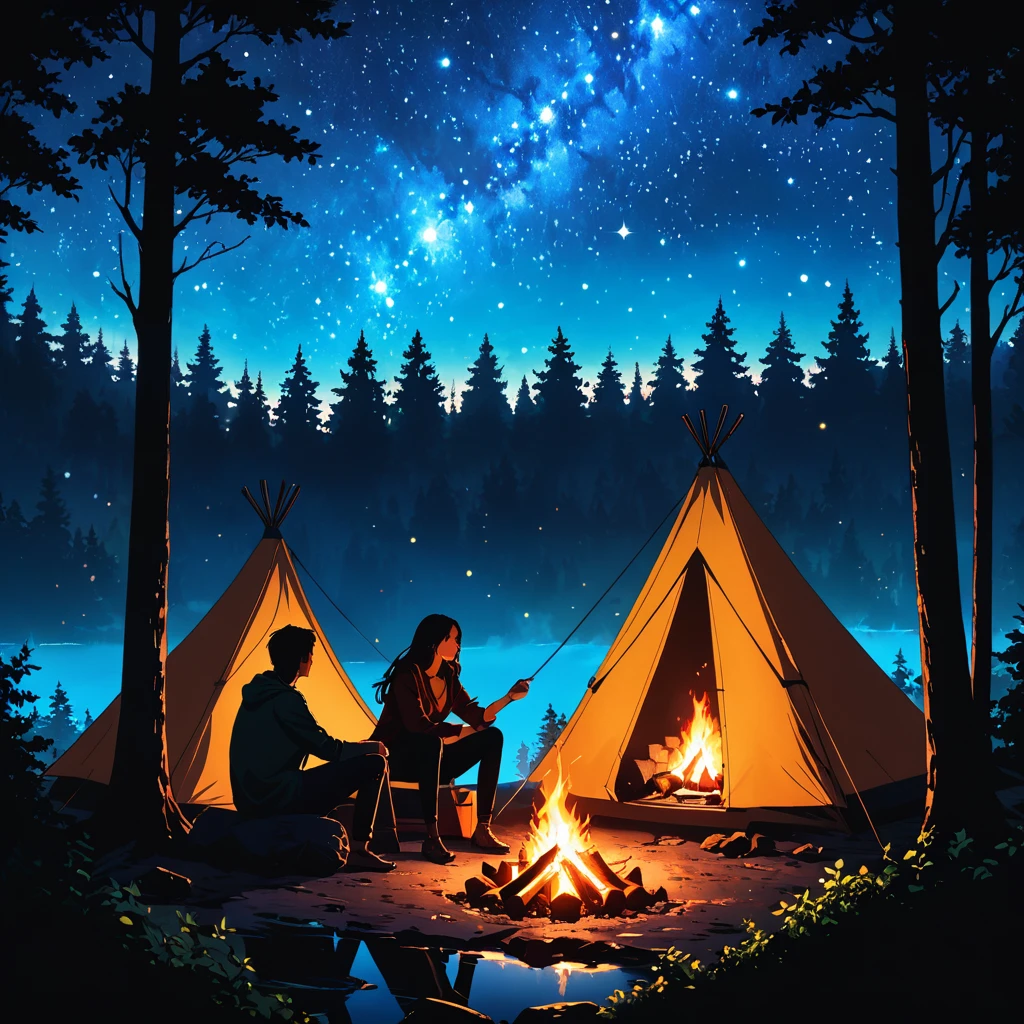 "Create a wallpaper featuring a couple sitting by a campfire outside a cozy tent in a forest setting. The design should show a starlit sky, a glowing campfire, and the silhouette of the tent, with lush trees and a serene atmosphere."
High resolution, masterpiece, accurate, bestquality, High detail, high quality, Very detailed, dark,longhairVery detailed, Ultra high definition,