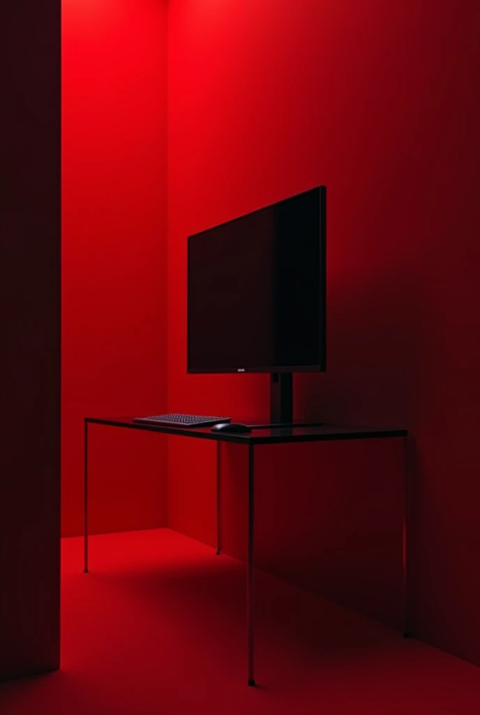 Glass desk with a 32 inch monitor mounted on the wall without a stand in a red and black environment