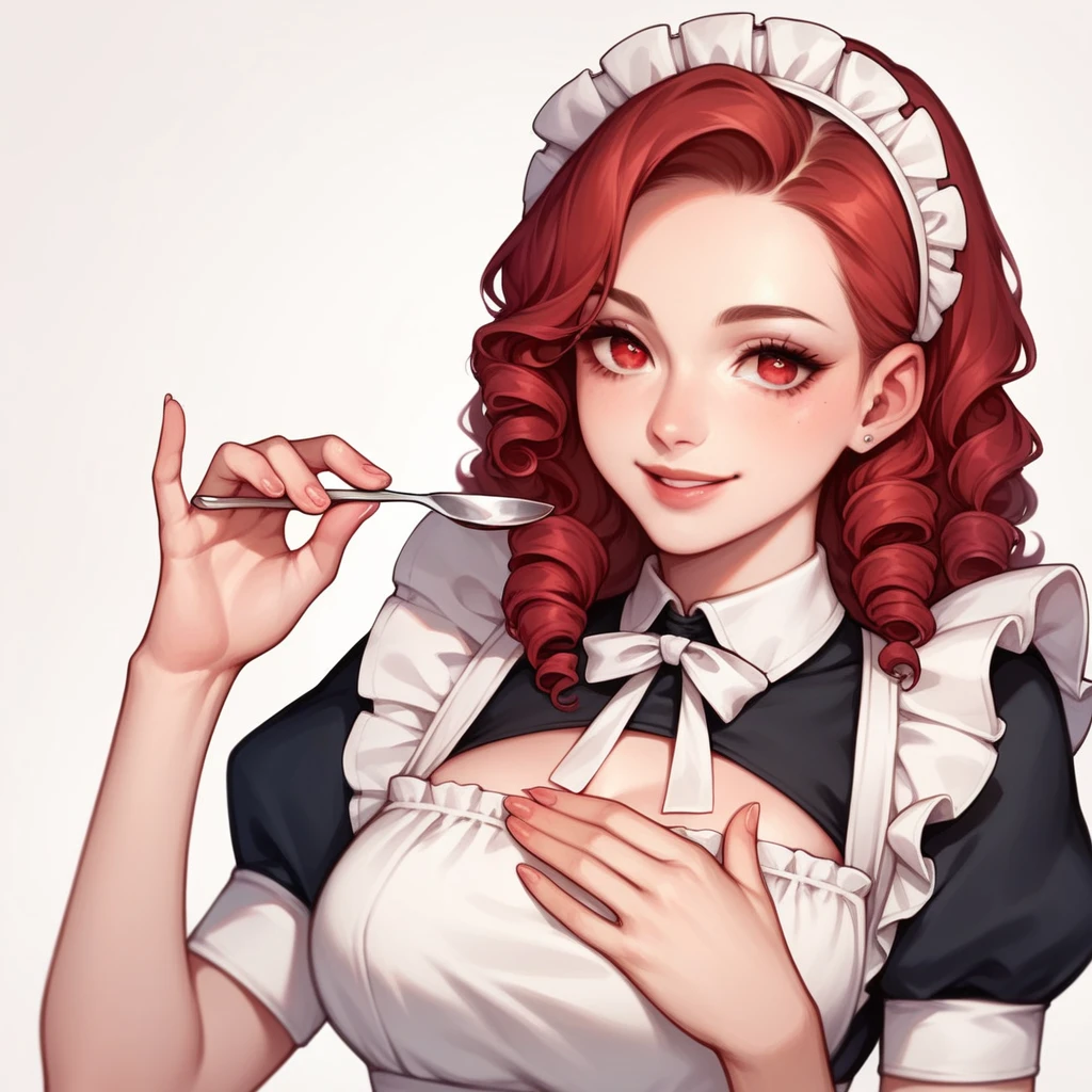 ((Beautiful maid:1.5),high resolution, Top quality),Dressed as a maid,Soft hands, Big bright eyes, Dark and Vibrant Curls, sweet smile, Red face, Soft Light, Pure white background.