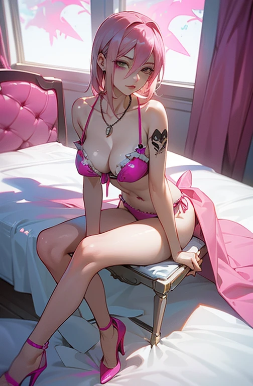 Cool women、sexy、Center of chest、Rize from Chainsaw Man、beauty、Yandere、、Face close-up、Chest tattoo、Christian Dior Necklace、(Swimwear)、((Pink Hair))..(Save face image).((bed)).(Sit on the chair and wear high heels).