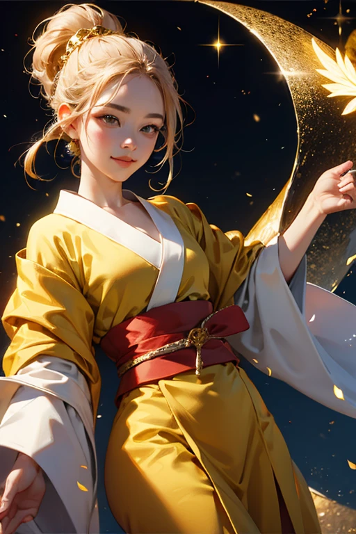 With a mountain of gold bars in the background、A beautiful woman in a golden kimono is smiling。, Gold coins, Gold dust sparkles in the air.