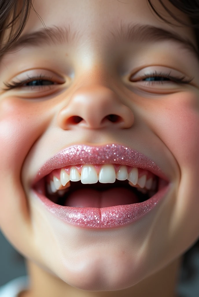 Extreme closeup of a female older child’s mouth, wearing light pink glitter lipstick, eyes barely open, mouth very wide open and smiling, photorealistic, extreme skin detail, 8k, wallpaper