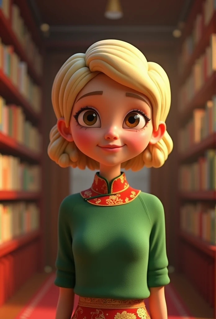 Cartoon character of a woman in a green shirt, in a library she has very short blonde hair style pixie animation character, stylized character, animation style rendering, 3d stylized, Arnold Maya render, 3 d render stylized, toon render keyshot, 3d character, 3d character, 3d rendering stylized, 3 d character render, cartoon character, Personagem de close up, character posing, (Pixar-style) (master part:1.2) (bokeh) (best quality) (skin detailed) (detailed texture) (8k) (Argilla) (Cinematic lighting) (sharp focusm,(((赤と金のチャイナドレス))),