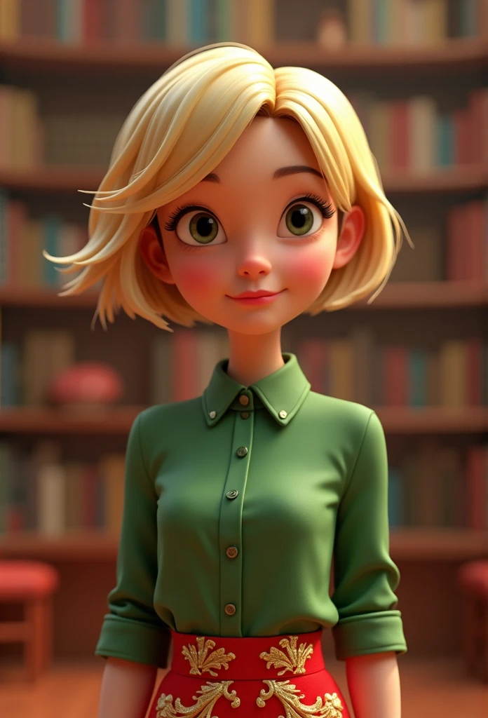 Cartoon character of a woman in a green shirt, in a library she has very short blonde hair style pixie animation character, stylized character, animation style rendering, 3d stylized, Arnold Maya render, 3 d render stylized, toon render keyshot, 3d character, 3d character, 3d rendering stylized, 3 d character render, cartoon character, Personagem de close up, character posing,  (Pixar-style) (master part:1.2) (bokeh) (best quality) (skin detailed) (detailed texture) (8k) (Argilla) (Cinematic lighting) (sharp focusm,(((赤と金のチャイナドレス))), 