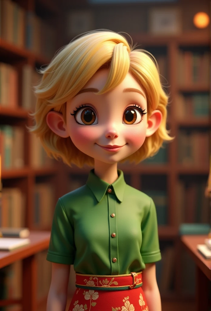 Cartoon character of a woman in a green shirt, in a library she has very short blonde hair style pixie animation character, stylized character, animation style rendering, 3d stylized, Arnold Maya render, 3 d render stylized, toon render keyshot, 3d character, 3d character, 3d rendering stylized, 3 d character render, cartoon character, Personagem de close up, character posing,  (Pixar-style) (master part:1.2) (bokeh) (best quality) (skin detailed) (detailed texture) (8k) (Argilla) (Cinematic lighting) (sharp focusm,(((赤と金のチャイナドレス))), 