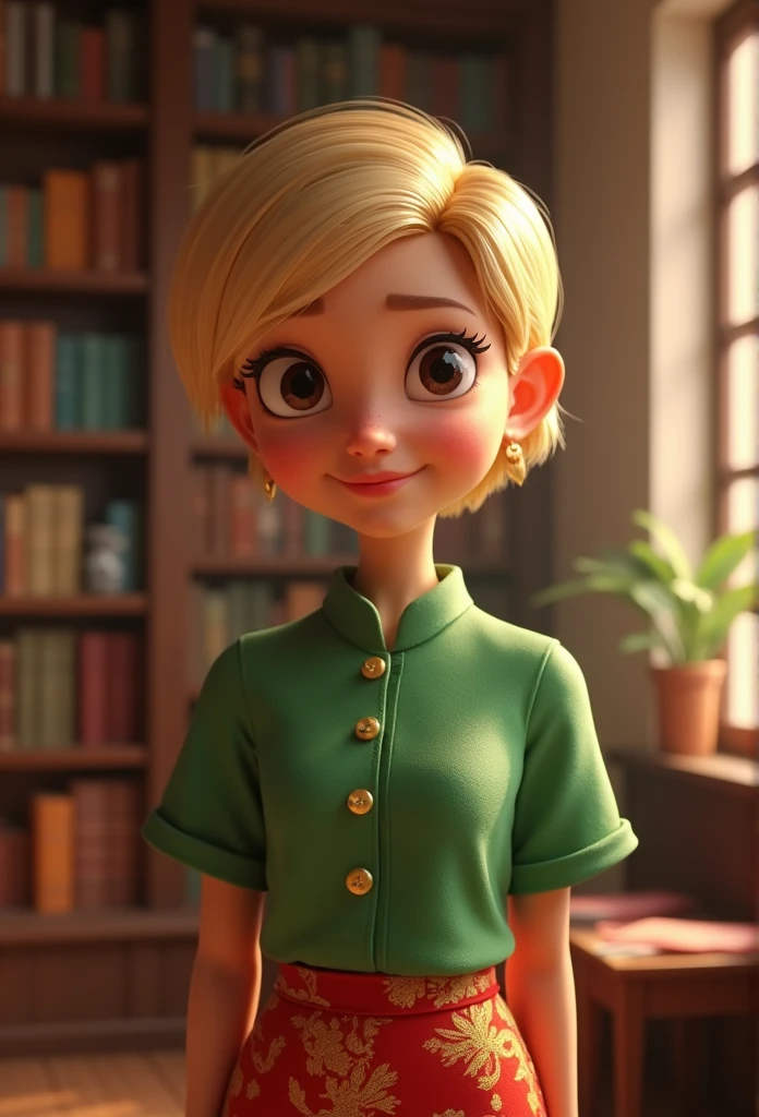 Cartoon character of a woman in a green shirt, in a library she has very short blonde hair style pixie animation character, stylized character, animation style rendering, 3d stylized, Arnold Maya render, 3 d render stylized, toon render keyshot, 3d character, 3d character, 3d rendering stylized, 3 d character render, cartoon character, Personagem de close up, character posing, (Pixar-style) (master part:1.2) (bokeh) (best quality) (skin detailed) (detailed texture) (8k) (Argilla) (Cinematic lighting) (sharp focusm,(((赤と金のチャイナドレス))),
