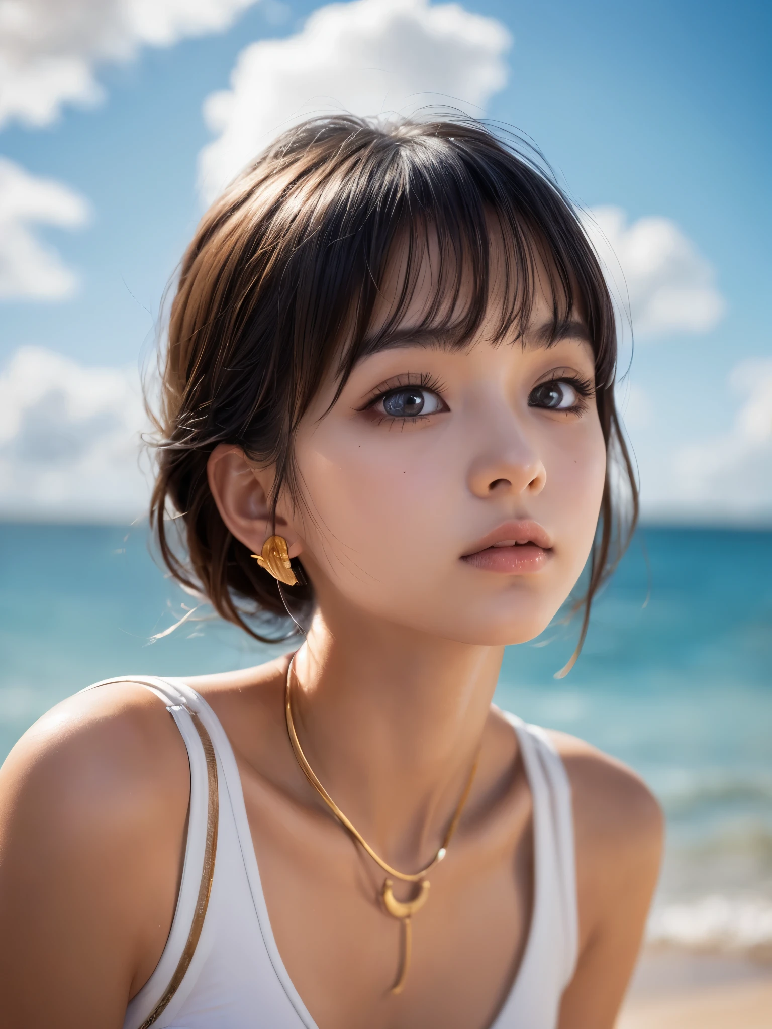 One Girl，(1人のとてもcute:1.3)，masterpiece，Highest quality，High resolution，From below，Low - Angle，Photorealistic，RAW Photos，Ray Tracing，Physically Based Rendering，beautiful girl，(:1.3)，cute，Big eyes，(detailed pupils:1.2)，(The face is facing straight ahead:1.3)，Body facing forward，Beautiful nose，High nose，Upturned nose，Fuller lips，Short black hair，ponytail，short hair，Detailed eyelashes，Thin eyebrows，Very fine grain definition，(Symmetrical eyes，Golden Ratio:1.3)，(Face close-up，Face Focus:1.0)，Small breasts，Short neck，White swimsuit，White Bikini，Ocean，Southern Island，Blue sky，White cloud，Portrait，View Viewer，Upper Body，Cinema Lighting，High resolution，Very detailed