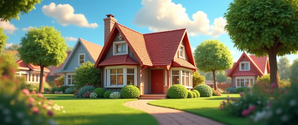 A beautiful neighborhood with a beautiful house , cinematic camera, pixar style, animation, enviroment, neighborhood house , 