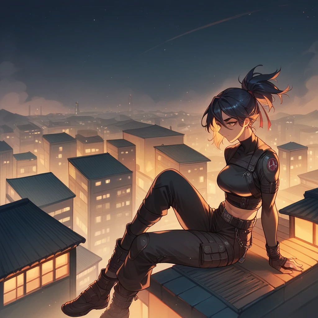 ninja woman, with loose black clothes, a band or ribbon on his head and two katanas on his back. It is perched on the roof of a building, and in the background are the lights of the city at night. (SuperQuality:1.0) ~ (SuperQuality:1.2)