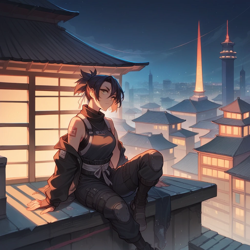 ninja woman, with loose black clothes, a band or ribbon on his head and two katanas on his back. It is perched on the roof of a building, and in the background are the lights of the city at night. (SuperQuality:1.0) ~ (SuperQuality:1.2)