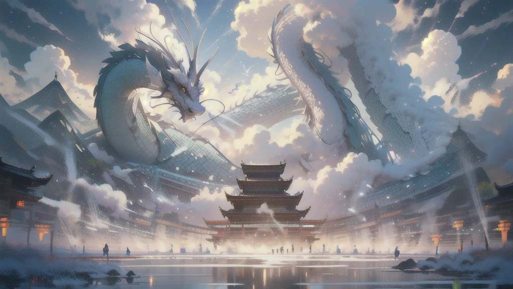 BJ_Sacgreen_bEast,green_eye,Outdoor,Horn,null,cloud,no_human,bird,cloudy_null,scenery,stage,Fantasy,Dragon,architecture,East_Asian_architecture,Eastern_Dragon,Cinema Lighting,Strong contrast,High level of detail,Highest quality,masterpiece,