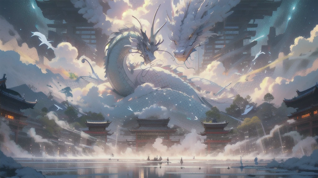 BJ_Sacgreen_bEast,green_eye,Outdoor,Horn,null,cloud,no_human,bird,cloudy_null,scenery,stage,Fantasy,Dragon,architecture,East_Asian_architecture,Eastern_Dragon,Cinema Lighting,Strong contrast,High level of detail,Highest quality,masterpiece,