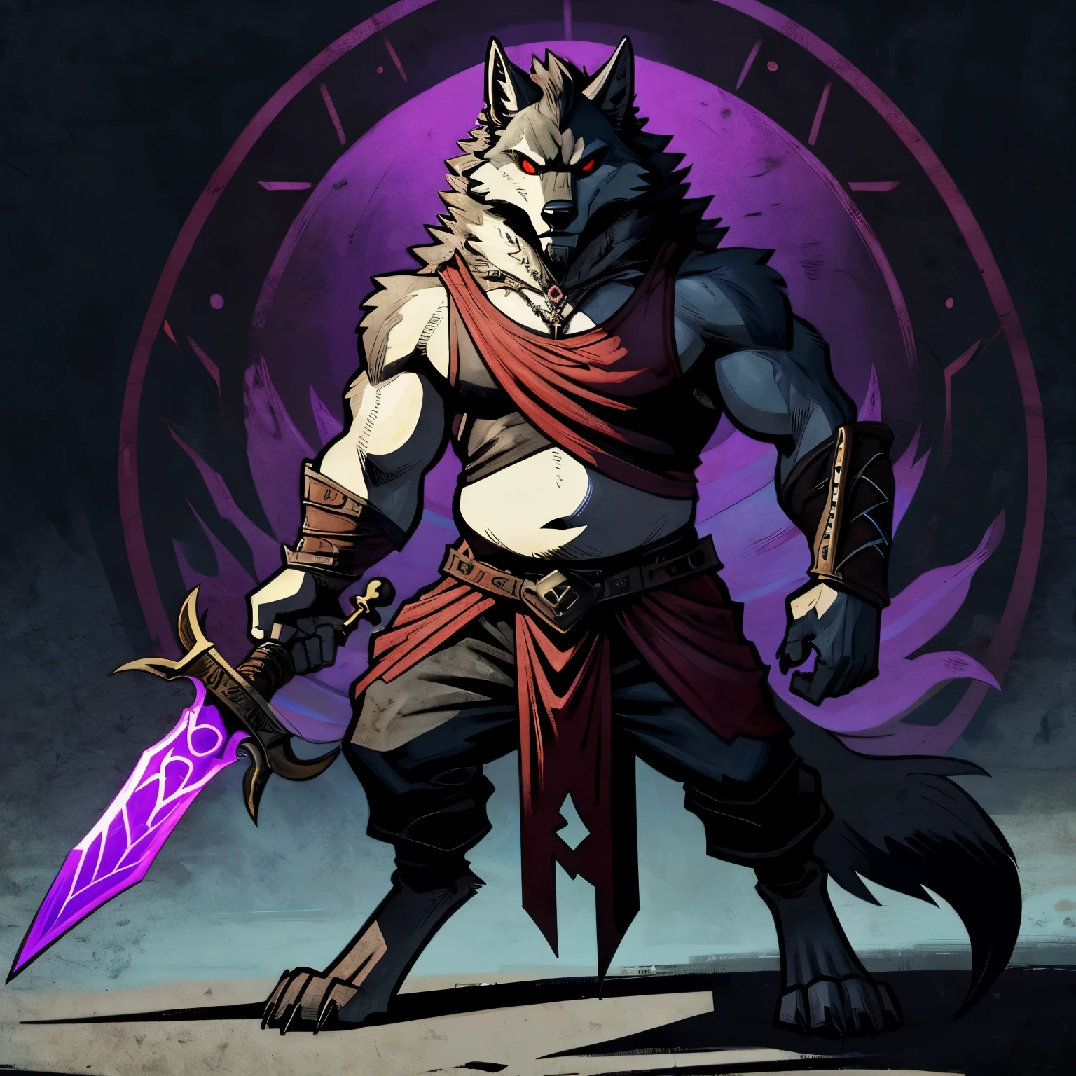 male semianthro wolf,solo,chubby,imperious,sexy,thick body,thick legs,in the style of mike mignola,dark colors,stark shadows,occult,evil,dark fantasy barbarian aesthetic,Stormbringer,black bastard sword with fiery violet runes,long pants,tank top,digitigrade legs,red eyes