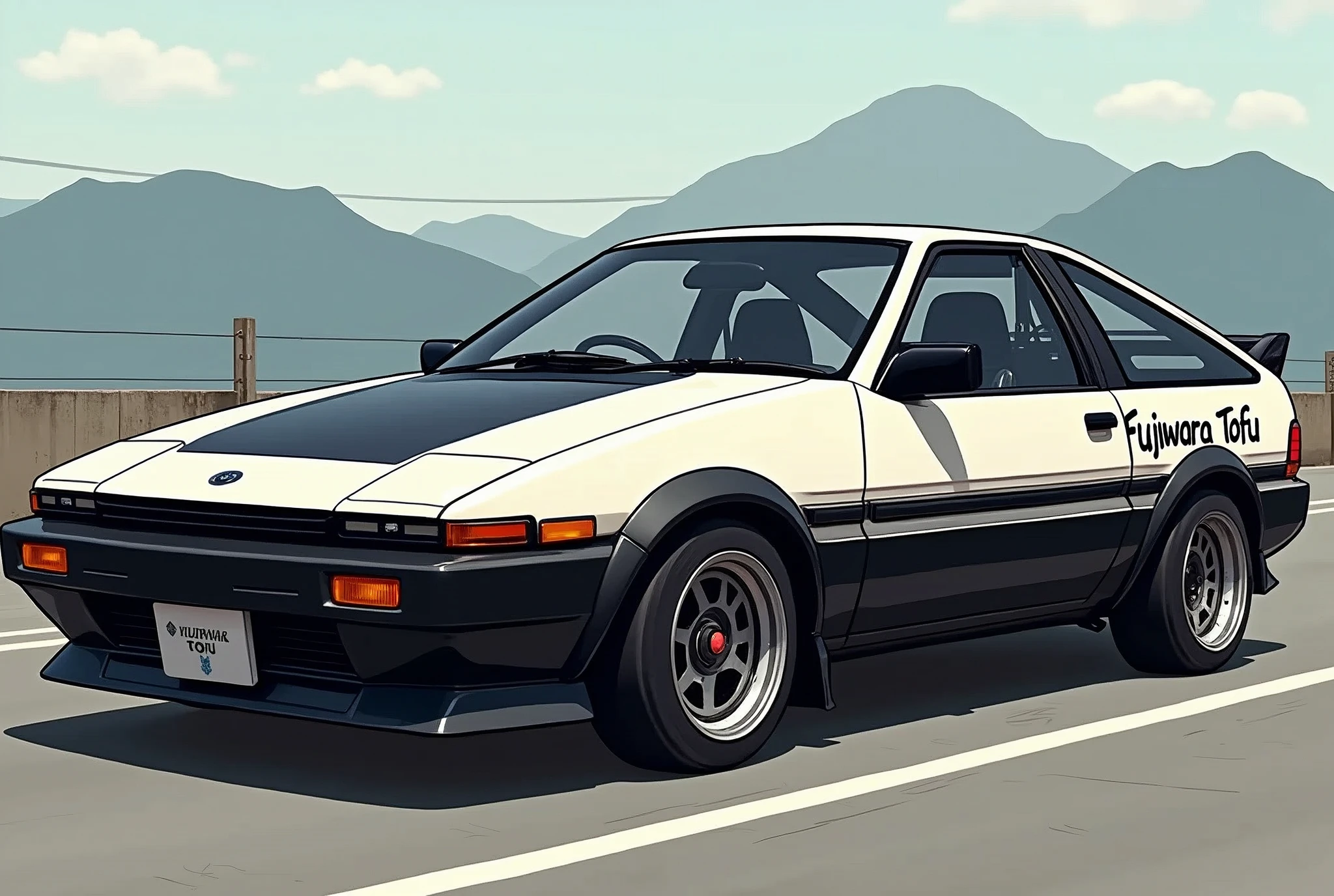 Toyota AE86, SPRINTER TRUENO, two-tone black and white car, text “Fujiwara Tofu” on door