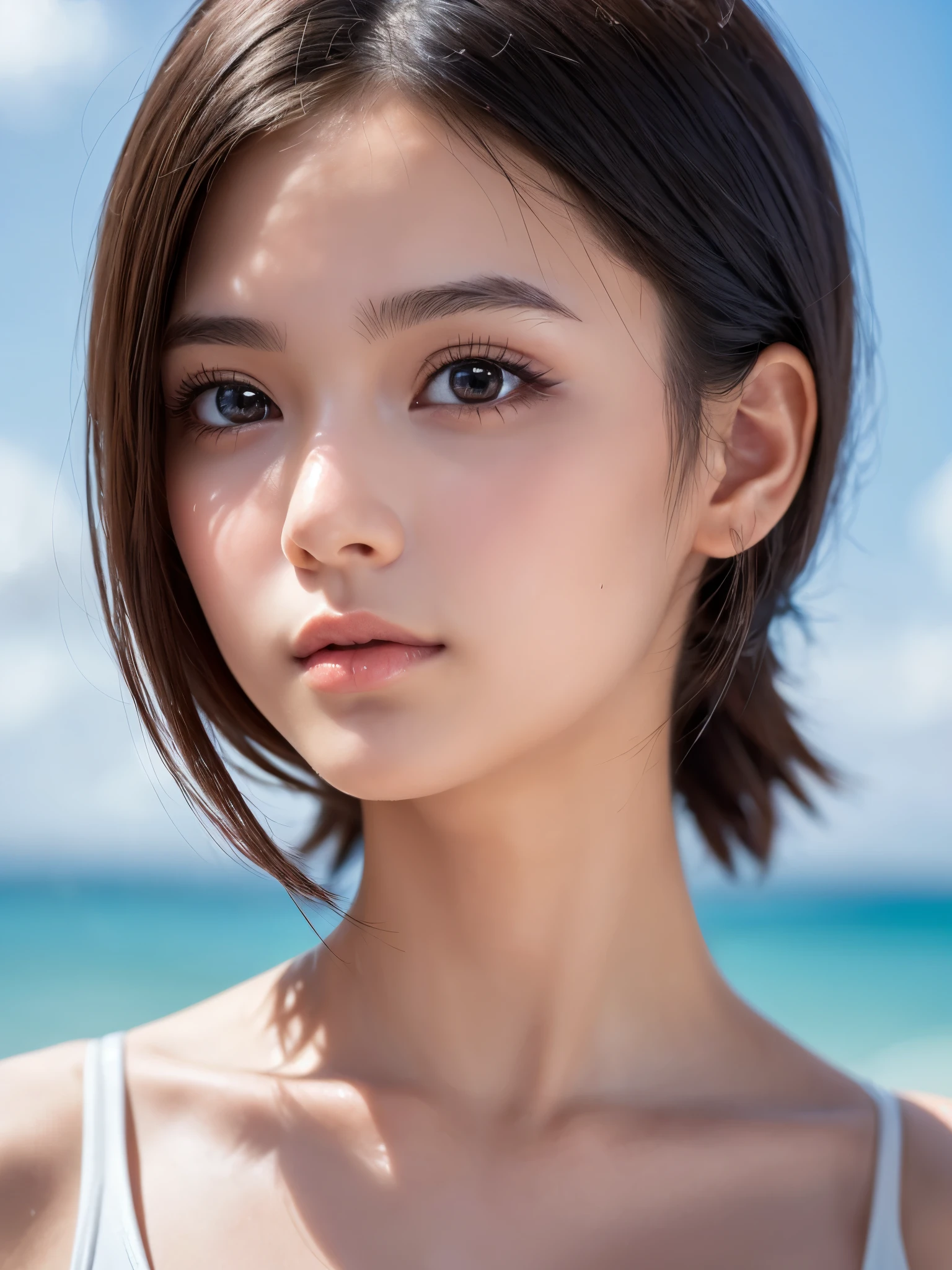 One Girl，(1人のとてもcute:1.3)，masterpiece，Highest quality，High resolution，From below，Low - Angle，Photorealistic，RAW Photos，Ray Tracing，Physically Based Rendering，beautiful girl，(15 years old:1.3)，cute，Big eyes，(detailed pupils:1.2)，(The face is facing straight ahead:1.3)，Body facing forward，Beautiful nose，High nose，Upturned nose，Fuller lips，Short black hair，ponytail，short hair，Detailed eyelashes，Thin eyebrows，Very fine grain definition，(Symmetrical eyes，Golden Ratio:1.3)，(Face close-up，Face Focus:1.0)，Small breasts，Short neck，White swimsuit，White Bikini，Ocean，Southern Island，Blue sky，White cloud，Portrait，View Viewer，Upper Body，Cinema Lighting，High resolution，Very detailed