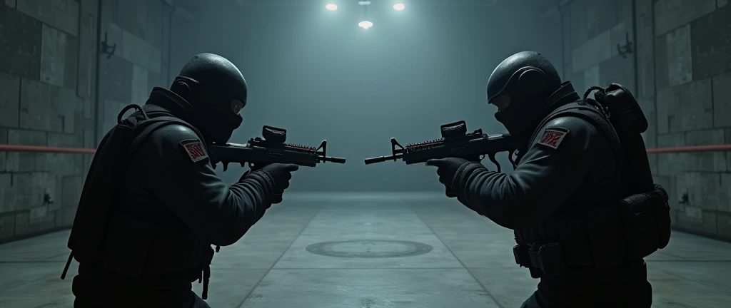2 henchmen, one on the left side and the other on the right side away from each other, with the weapons pointed towards the middle of the large, dark room with a space in the middle